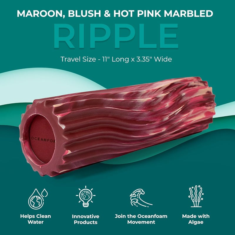 Oceanfoam Ripple Travel Foam Roller (11" x 3.35") Firm Mini Foam Roller for Physical Therapy, Deep Tissue Massage, Back Pain - High Density, Wave Textured - Yoga (Maroon, Blush & Hot Pink Marbled) - Image 2